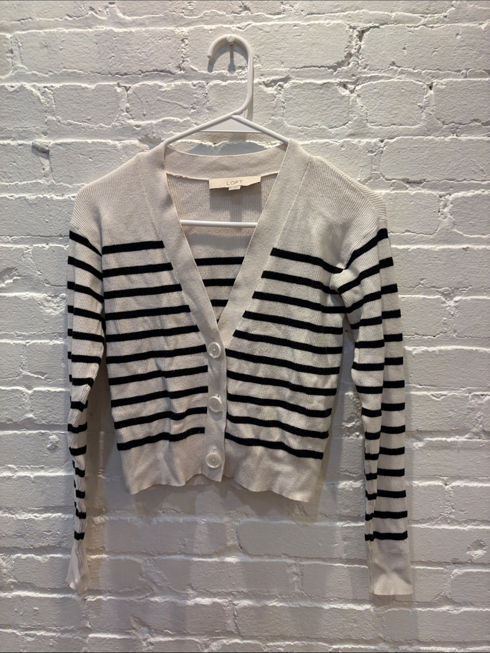 LOFT White and Black Striped V‑Neck Button Cardigan